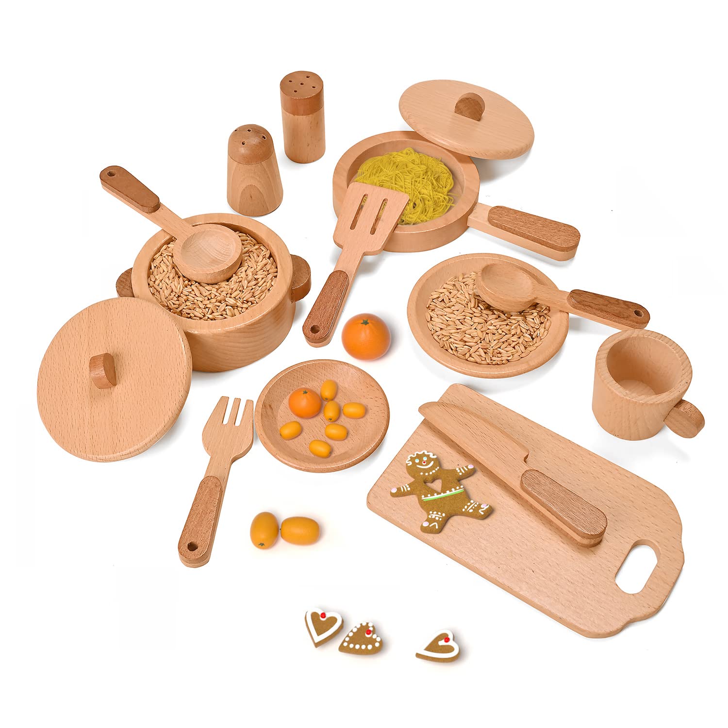 MONT PLEASANT Play Kitchen Accessories Montessori Wooden Toys Kids Kitchen Toy Set Cookware Plates Dishes Pots Pans Cooking Playset 15 Pieces Sensory Toys for Toddlers Girls Boys with Storage - WoodArtSupply