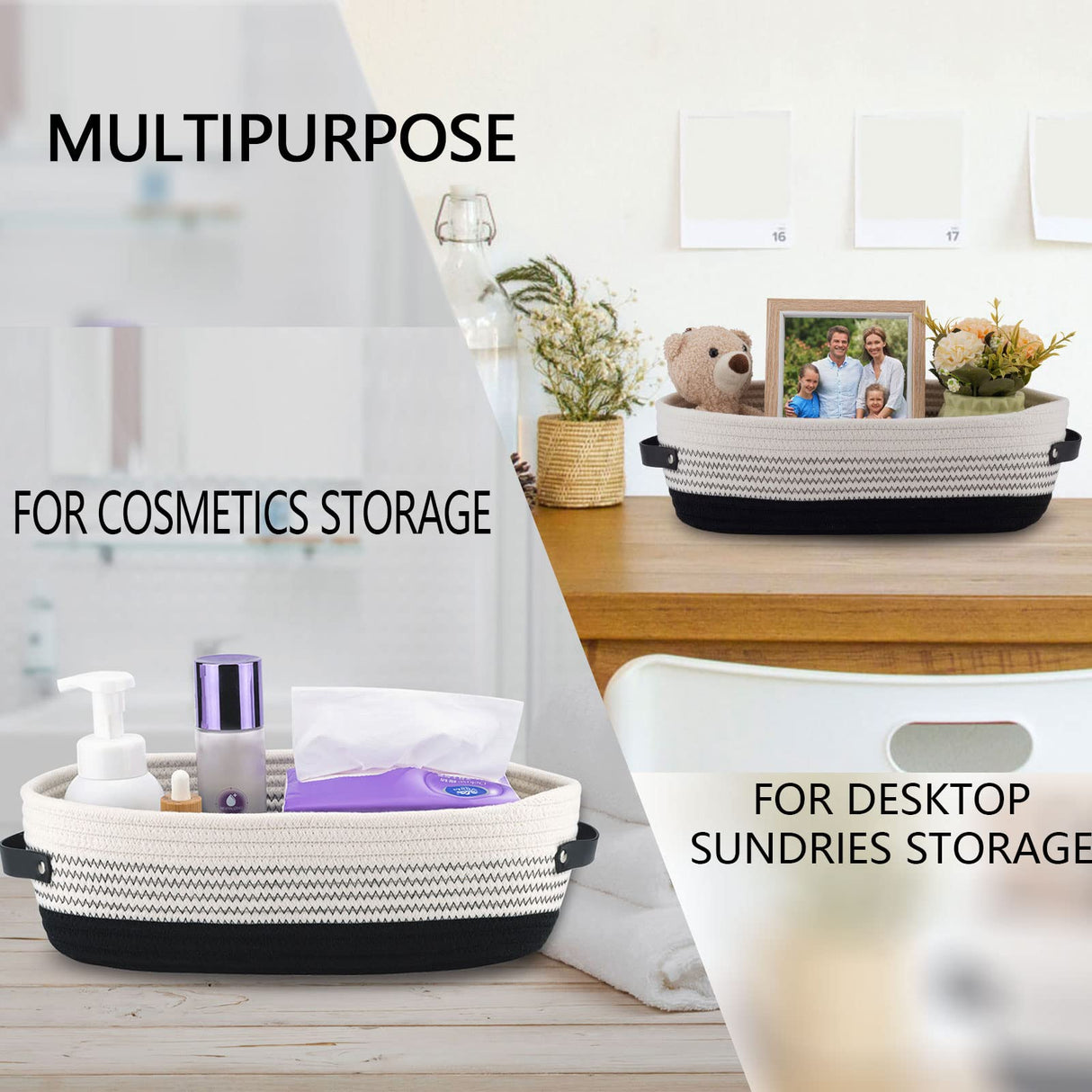 Oradrem Cotton Rope Toilet Basket Bathroom Decor Baskets, Toilet Paper Holder Basket, Farmhouse Home Decor Organizing Small Baskets 13"x5.9"x4" Black Oradrem