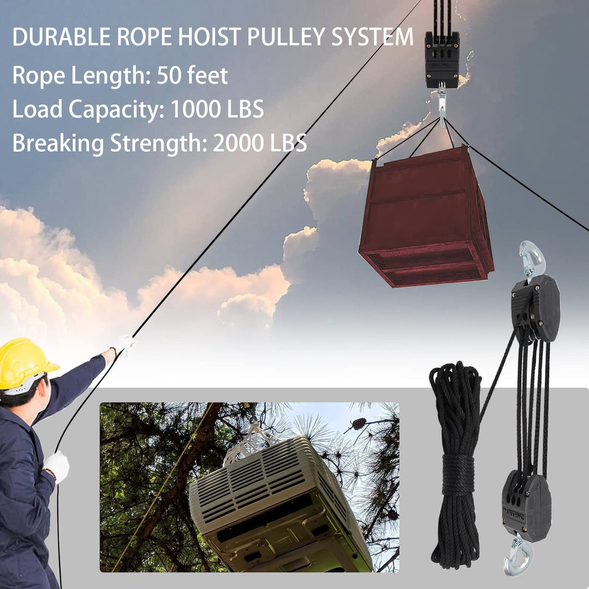 ‌XSTRAP STANDARD Heavy-Duty Block and Tackle Pulley System, 1000LB wCapacity, 5:1 Lifting Power, 50FT Rope Hoist with 2 Soft Loops for Garage, Hunting, Tree Cutting, Deer Hoist, DIY Attic Lift, Black XSTRAP STANDARD