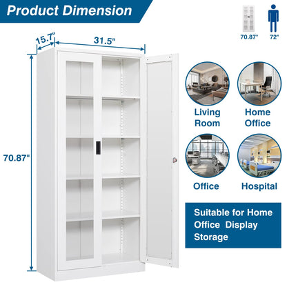 PEUKC Display Cabinet-71 Inches 4 Adjustable Shelves Curio Cabinets with Locking Glass Doors Display Case for Collectibles, Cosmetics, Hydroponics, Books (White,Assemble Required)