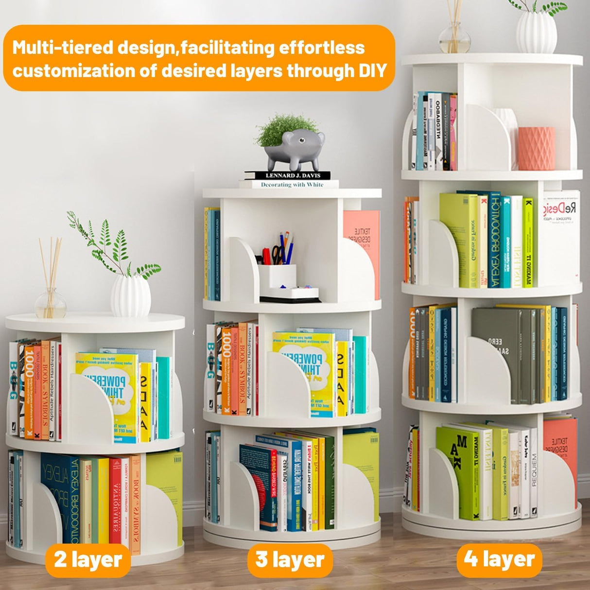 Cuguords 4 Tier Rotating Bookshelf Tower, 360 Degree Revolvin Bookcase,Spinning Bookshelf for Kids&Adults, Floor Standing Bookcase Storage Rack, Wood Narrow Bookshelf for Bedroom, Living Room, White Cuguords
