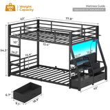 ADORNEVE Low Bunk Bed Twin Over Twin with Storage Bookshelves, 2 Drawers & Power Outlet, LED Metal Floor Bunk with Full-Length Guardrail & Metal Slats, No Box Spring Needed, for Kids, Black ADORNEVE