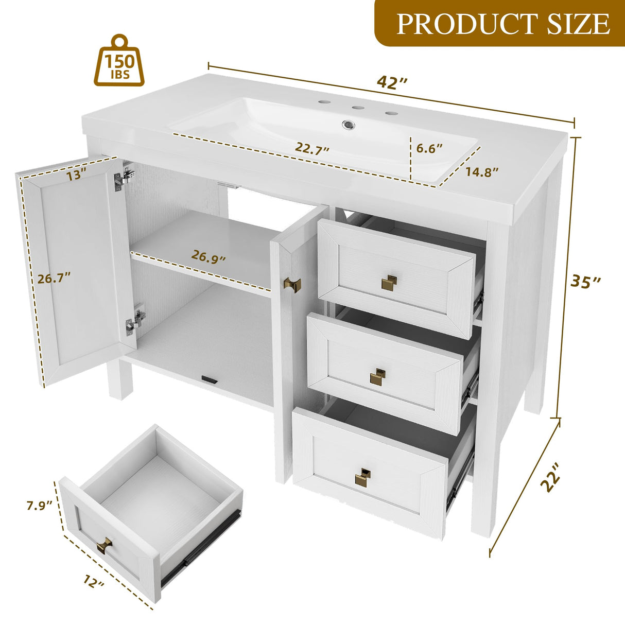 YITAHOME 42" Bathroom Vanity with Sink Set, Vintage Bathroom Cabinet Vanity with Resin Basin, Extra Large Storage with 2 Soft-Closing Doors & 3 Drawers, White YITAHOME