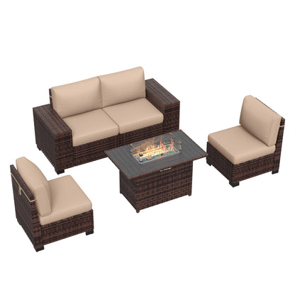 Amopatio Outdoor Patio Furniture Sets, 5 Pieces Brown Wicker Patio Sectional Couch with Glass Top Table and Waterproof Covers, Outdoor Sofa Fit Backyard Poolside, Beige Cushion