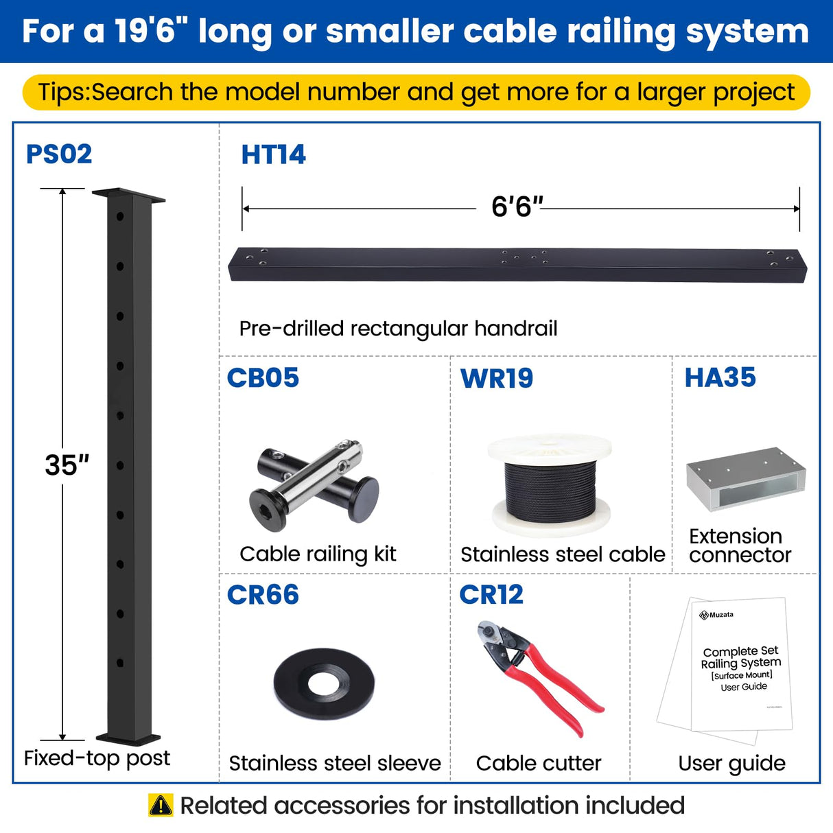 Muzata 13'-19'6" Complete Black Cable Railing Kit 36 Inch Cable Railing System for Decks with Post Handrail Length Adjustable Easy DIY with User Guide Complete Set RCS2 BH4S Muzata