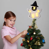 Halloween Tree Topper 15 Inches Pumpkin Skull Ghost Tree Topper Wood Tree Ornament Tree Star with LED Light Halloween Christmas Tree Ornaments for Halloween Party YLOLUL