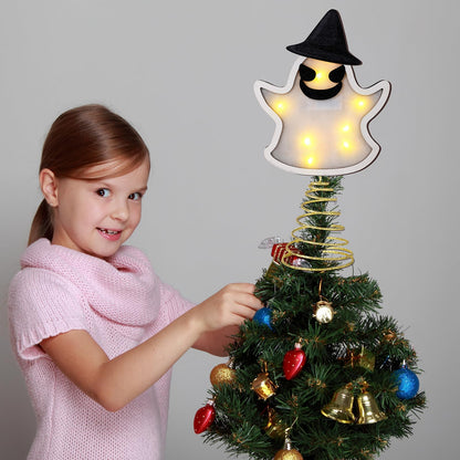 Halloween Tree Topper 15 Inches Pumpkin Skull Ghost Tree Topper Wood Tree Ornament Tree Star with LED Light Halloween Christmas Tree Ornaments for Halloween Party