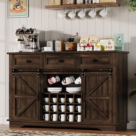 4ever2buy Farmhouse Coffee Bar Cabinet with 3 Drawers and 15 Wine Racks, 54" Coffee Bar Table with Sliding Barn Door, Coffee Bar with Storage for Kitchen Dining Living Room, Brown 4ever2buy