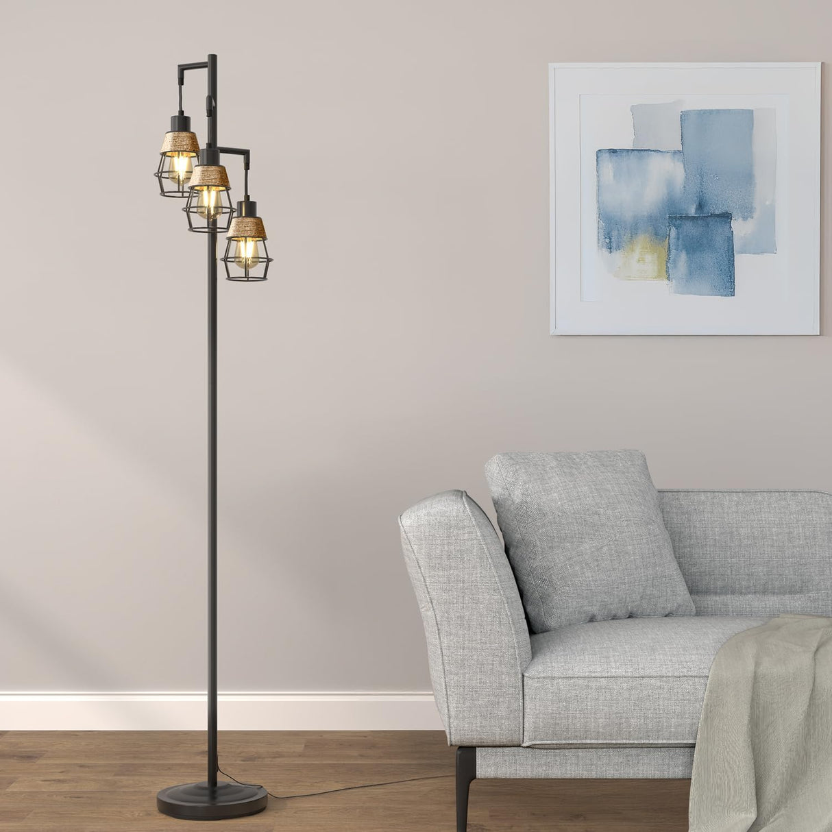 Oneach 68" Floor Lamps for Living Room, Stepless Dimmable Boho Floor Lamp with 3 Bulbs, Tall Farmhouse Industrial Corner Standing Tree Lamp for Bedroom, Office, Study Room, Dining Room, Black Oneach