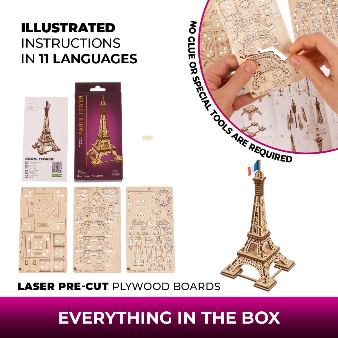 UGEARS Wooden 3D Puzzles for Adults – Paris Eiffel Tower Iconic Models for Adults to Build – Easy Assembly – Paris Puzzle Model Kit Crafts for Adults – DIY Miniature Kit 3D Puzzle – 50 Pcs - WoodArtSupply