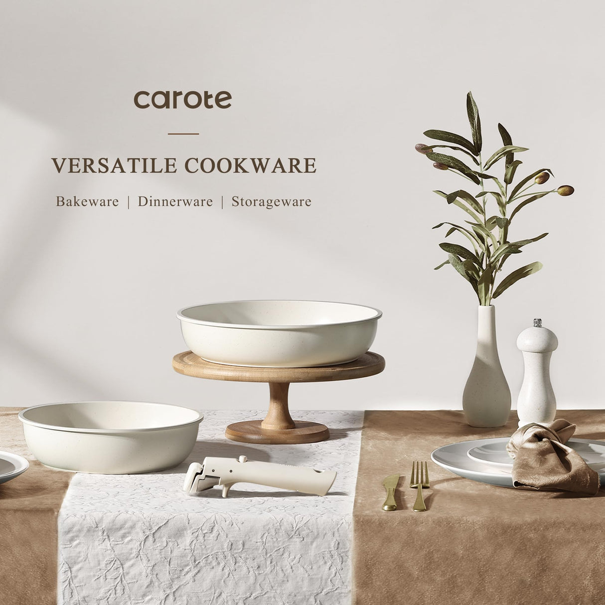 CAROTE Pots and Pans Set Non Stick, Cookware Sets, 11pcs Kitchen Set, Oven/Fridge Safe, Space Saving Pots Set, Nonstick Cooking Set with Versatile Detachable Handle, Induction RV Set, Cream White CAROTE