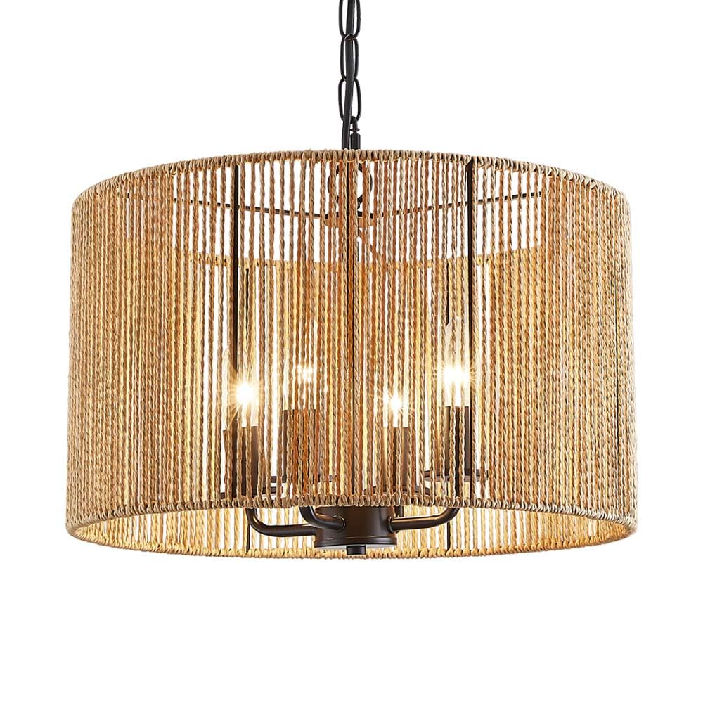 TELAFLY Rattan Wicker Drum Chandelier Light Fixtures,4 Light Boho Pendant Light Farmhouse Rustic Hand Woven Lighting for Dining Room Kitchen Island Living Room Bedroom TELAFLY