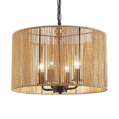 TELAFLY Rattan Wicker Drum Chandelier Light Fixtures,4 Light Boho Pendant Light Farmhouse Rustic Hand Woven Lighting for Dining Room Kitchen Island Living Room Bedroom