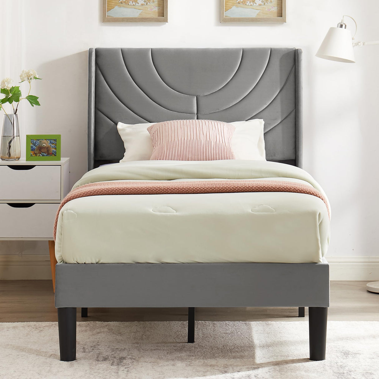 VECELO Twin Size Upholstered Platform Bed Frame with Stylish Fabric Headboard in Dark Grey VECELO