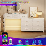 REAHOME Dresser for Bedroom with Charging Station and LED Light, 67" Rotatable Vanity Desk with LED Light and Side Pockets, Makeup Table with 10 Fabric Drawers, Modern Home Office Desks, White REAHOME