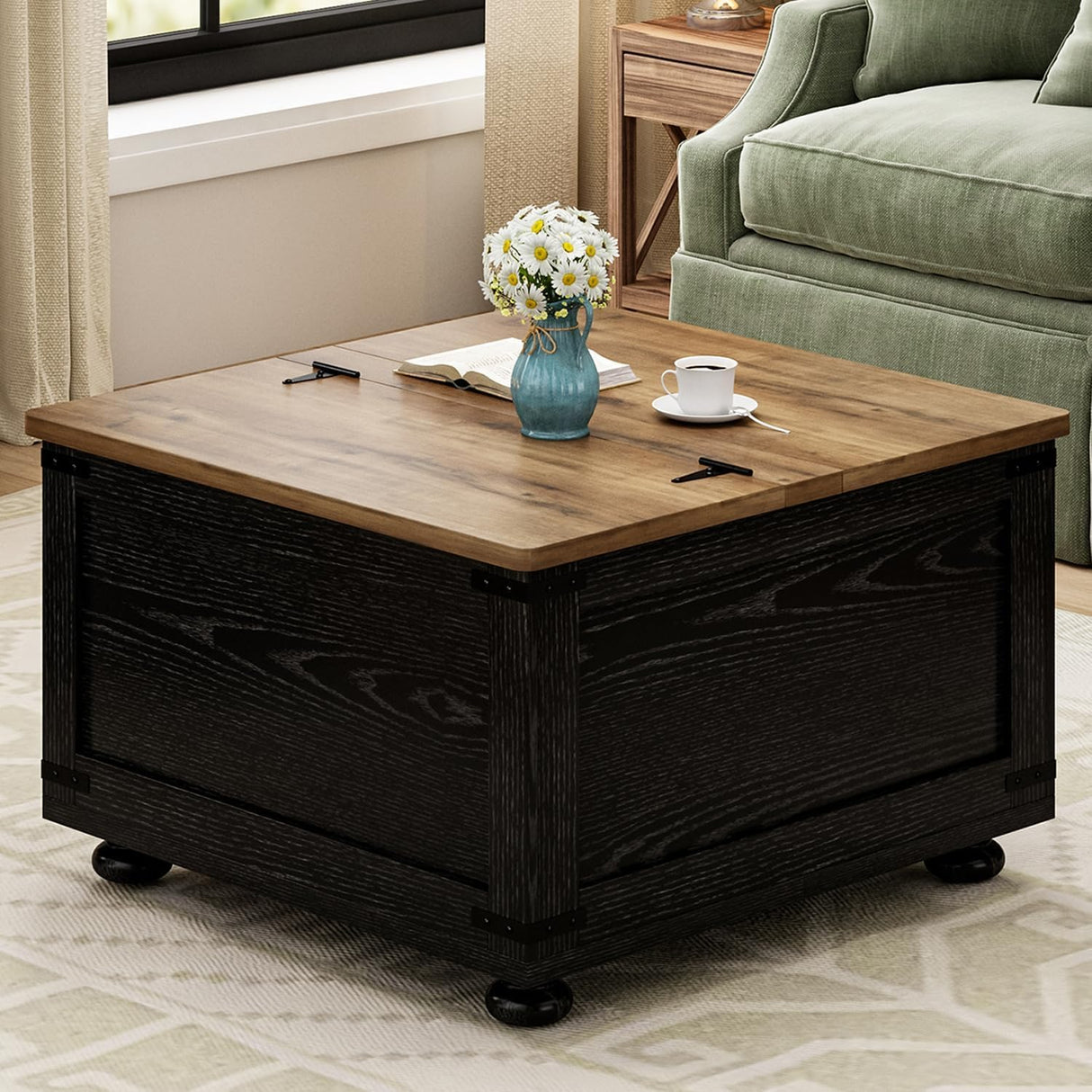 Farmhouse Lift Top Coffee Table with Storage, Black Lift Top Coffee Table with Hydraulic Gas Rod, Large Lift Square Top Coffee Table with Wood Gourd Feet, Coffee Table with for Living Room MaverickFurni