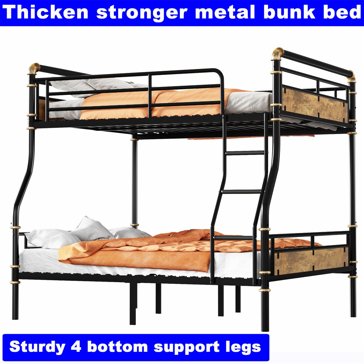 LEEKOUS Upgraded Version Thicken Metal Full XL Over Queen Bunk Bed, Best Industrial Style Heavy Duty Full Over Queen Size Bunk Bed, Convertible into 2 Beds Wood Board, Water Pipe Design for Adults LEEKOUS