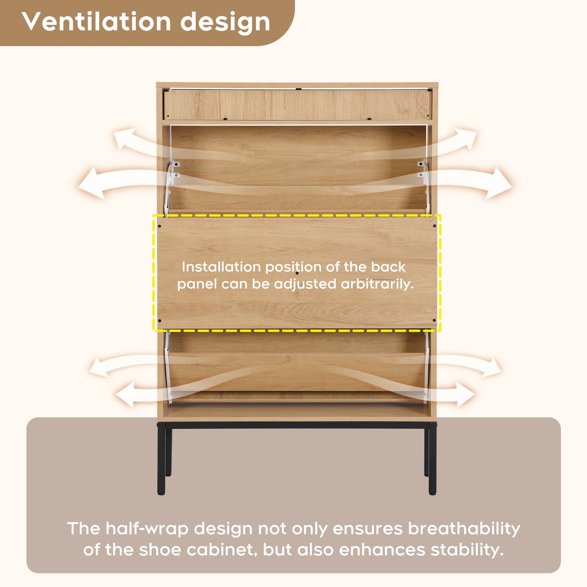 Brafab Shoe Storage Cabinet with 2 Flip Drawers&1 Small Drawer, Slim Entryway Shoe Organizer with Sun Pattern Doors for Sneakers,Light Beige - WoodArtSupply