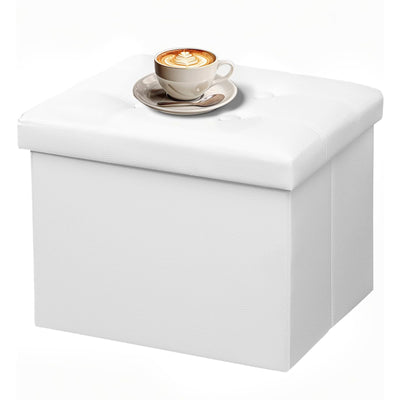 AmasSmile Storage Ottoman Foot Rest Stool, 17 inch Folding Leather Footstool Bench, Short White Ottoman Stool, Storage Foot Rest Store, Books