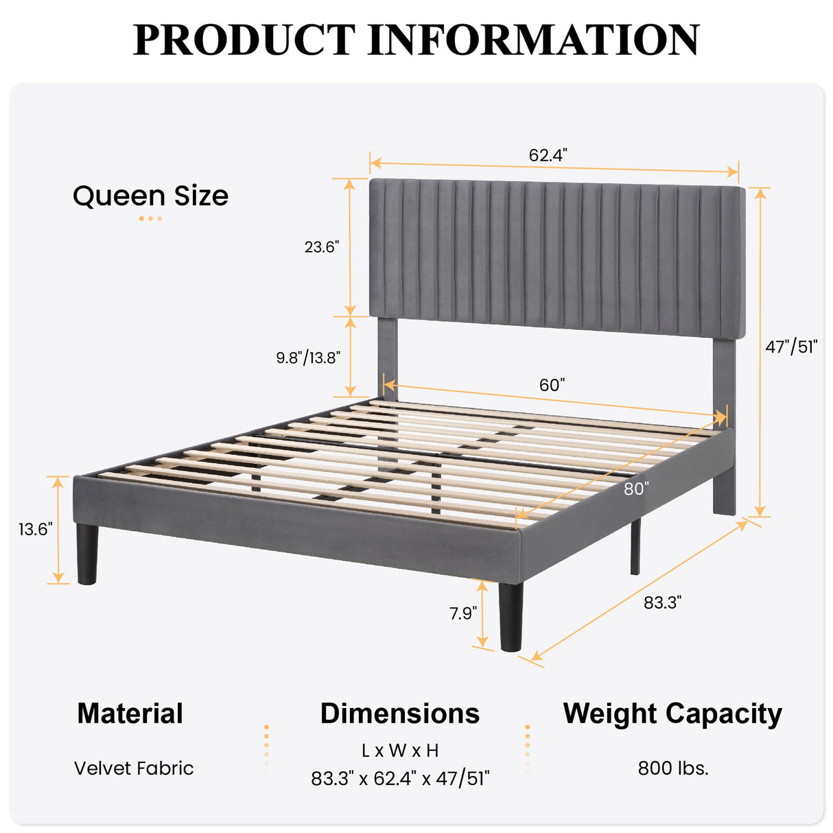 SHA CERLIN Queen Upholstered Platform Bed Frame with Vertical Channel Tufted Velvet Fabric Adjustable Headboard, Wooden Slats Support, Mattress Foundation, Box Spring Optional, Grey SHA CERLIN
