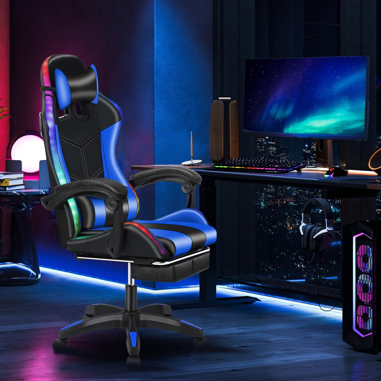 gihusrzx Led Gaming Chair with Bluetooth Speakers and RGB, Ergonomic Massage Computer Chair with Height Adjustable, Video Game Chair High Back with Lumbar Support Black Blue gihusrzx