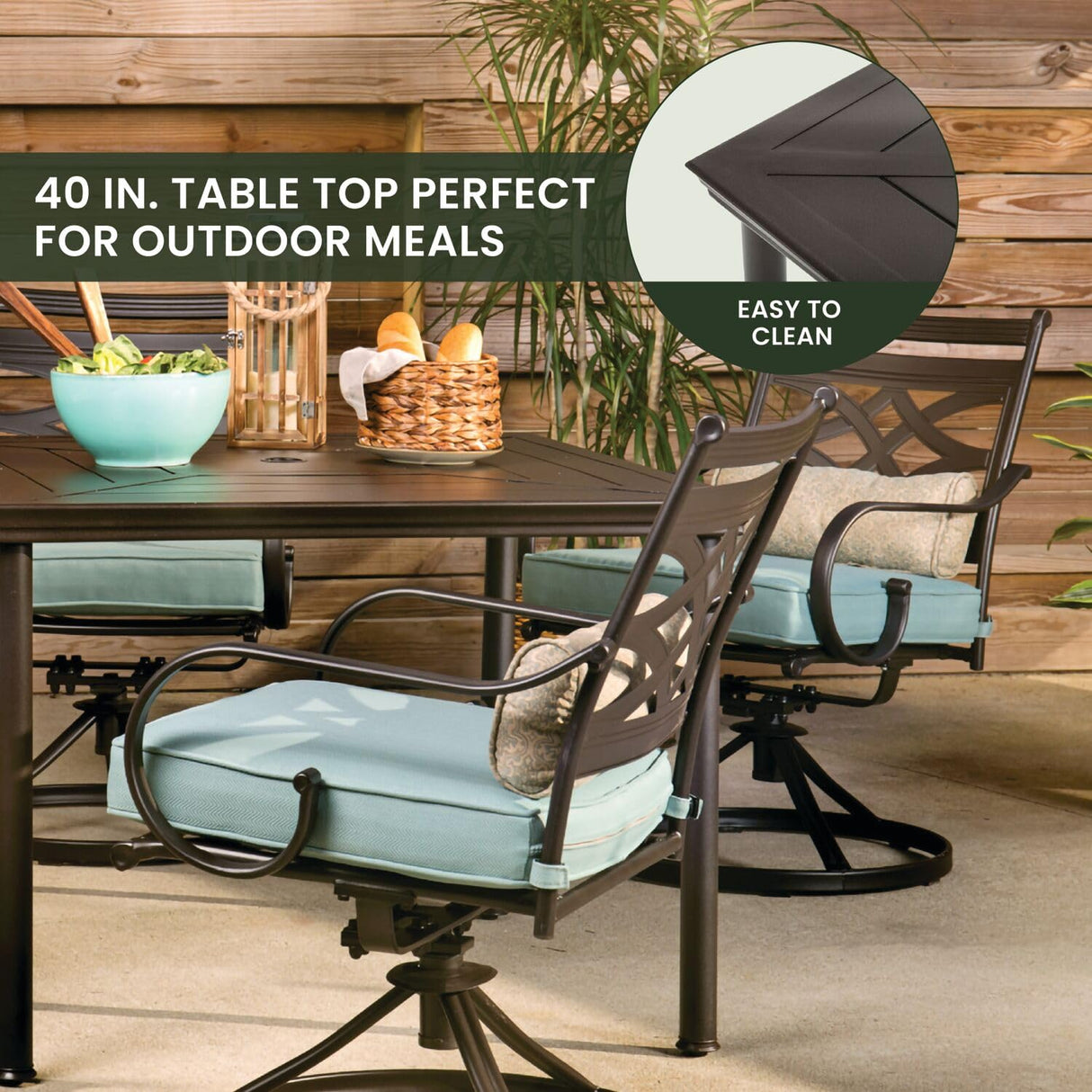 Hanover Montclair 5-Piece Outdoor Dining Set with Stamped Steel Square Dining Table and 4 Swivel Rocker Chairs with Cushions, Weather-Resistant Patio Dining Set for 4, Patio, Backyard, Deck Hanover