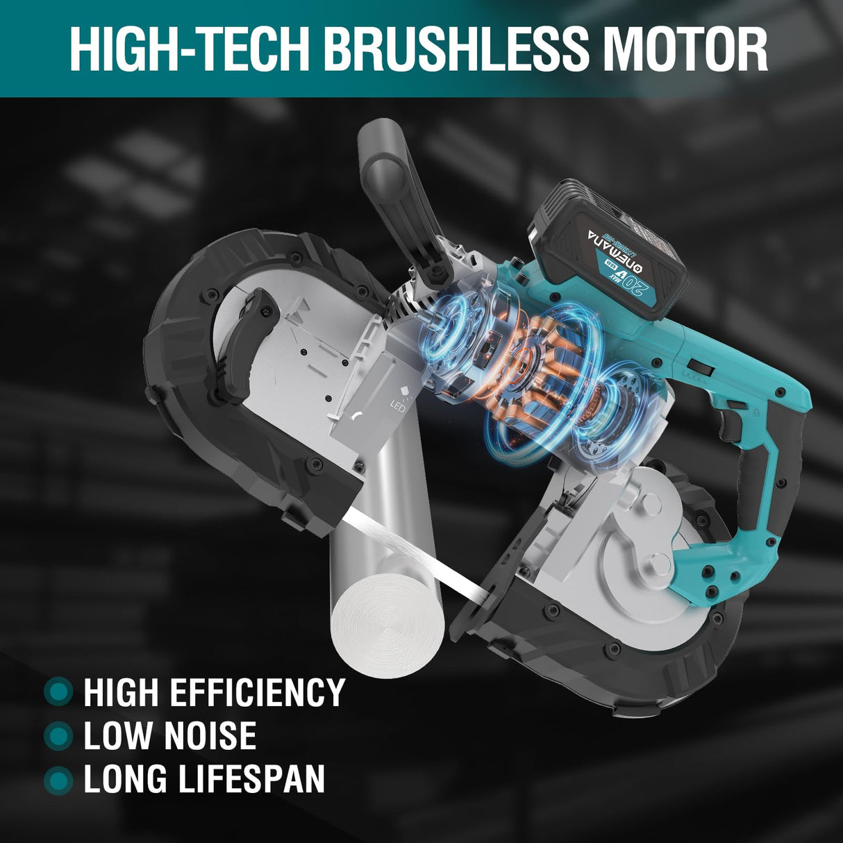 ONEMANA 5 inch Cordless Band Saw，20V MAX Cutting Capacity Brushless Metal Band Saw,Not Hot Sparks, Portable Band Saw for Deep Cut with 6 Speeds Adjustable（Tool Only） ONEMANA