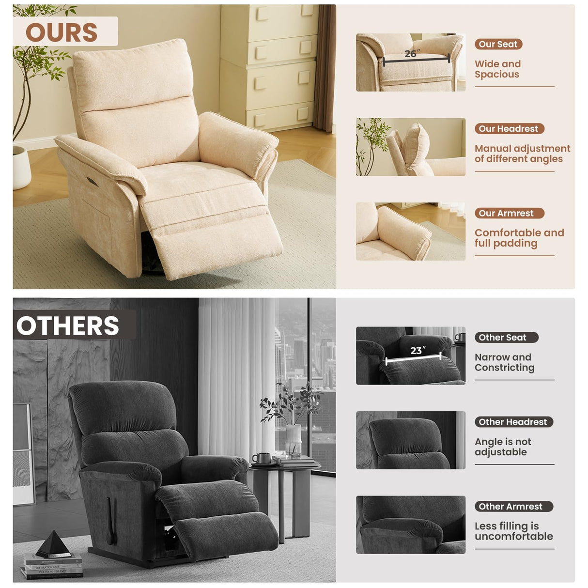 Rhevoy Oversized Power Recliner Chair Swivel Glider with Massage and Heat, Rocker Nursery Recliner for Adults with Adjustable Headrest, 26" Extra Wide Nursery Chair with Overstuffed Armrest,Beige Rhevoy