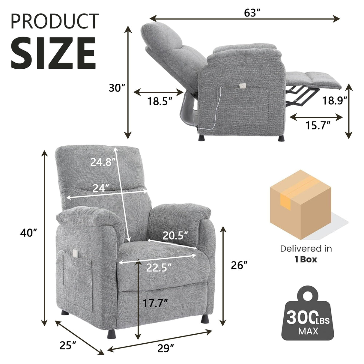 Electric Nursery Recliner Chair with Remote Control, Blue Power Recliner Chairs with Side Pockets. Small RecinerChairs for Adults, Mini Reclining Chair for Bedroom Living Room (Grey) HRVEOCEI