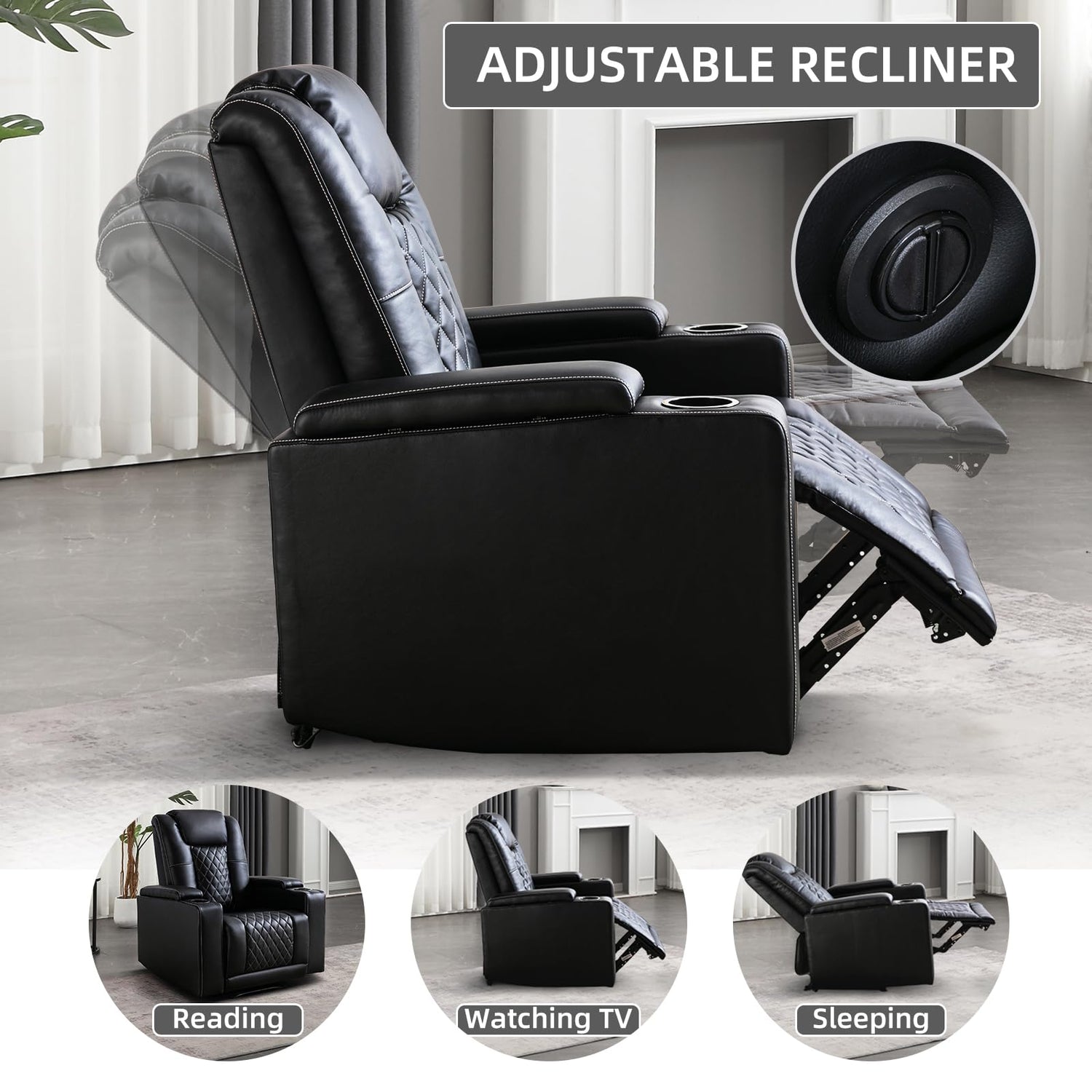 Modern Power Recliner Chair with Cup Holder Faux Leather Electric Reclining Chairs for Adults Movie Theater Chairs, Black Phoenix Home