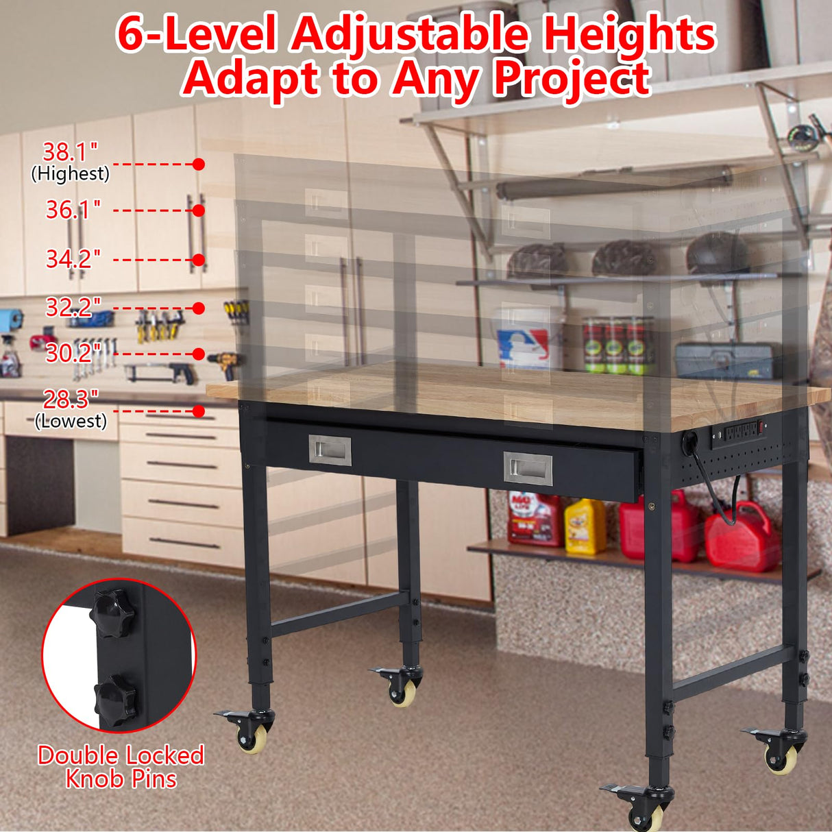 ACONEE Adjustable Height Workbench, 48" Heavy Duty 2000 LB Load Capacity, Solid Rubber Wood Top, Sturdy Metal Frame, Workstation with Drawer & 4 Rolling Casters, Power Outlets for Garage Workshop ACONEE