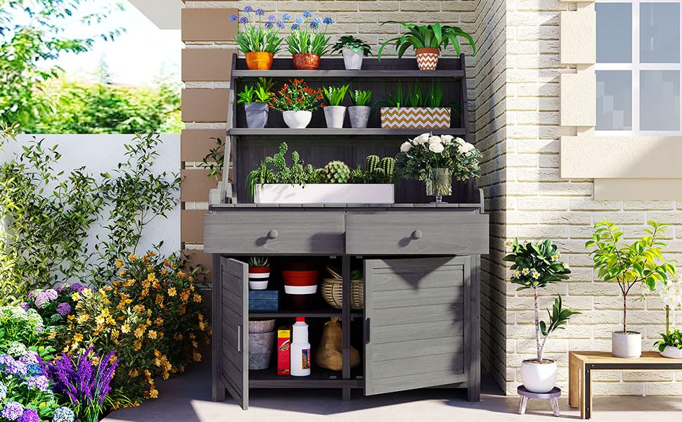 KUIKUI Potting Table, Gardening Table, Potting Benchs for Outside, Fir Wood Workstation with Storage Shelf, Drawer and Cabinet, 47.2''Lx22.8''Wx65''H, Gray KUIKUI