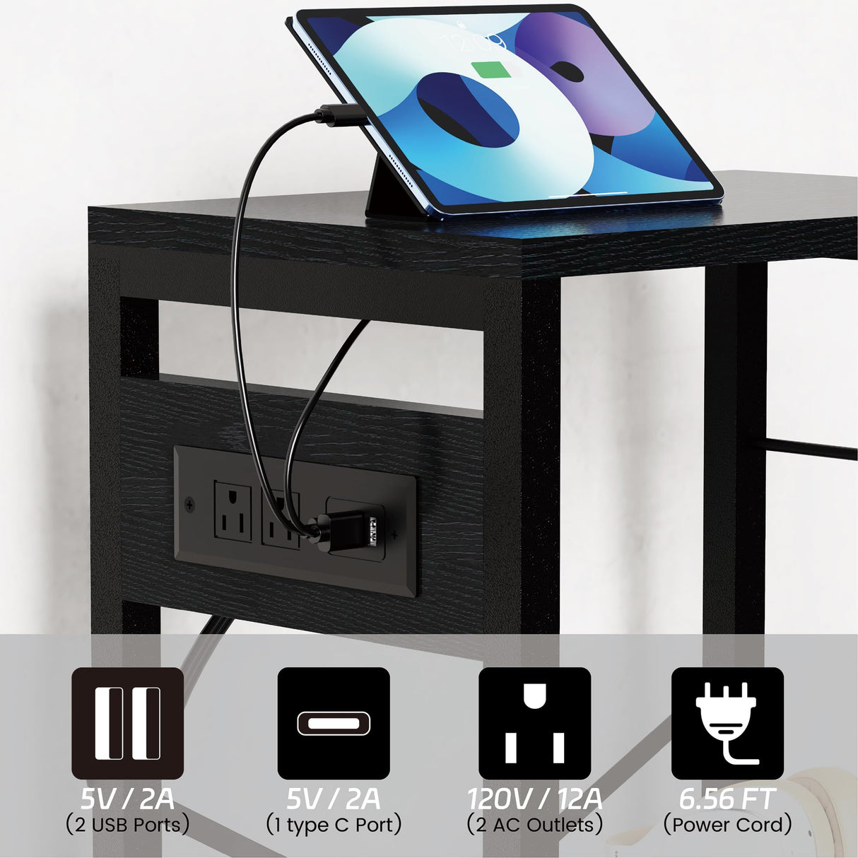 YAKANJ End Table with LED Light,Record Player Stand with Charging Station,Vinyl Records Storage,Turntable Stand Albums Storage for Music Room Studio-Industry Black YAKANJ