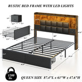 TIGUBFRE LED Bed Frame Queen Size with 2 Hidden Storage Drawers & Bookcase, PU Leather Headboard, Upholstered Platform Bed with Charging Station, Metal Slats Support, Noise Free, No Box Spring Needed TIGUBFRE
