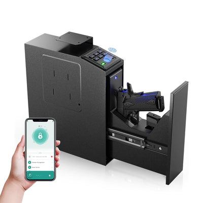 DwlSpce Gun safe, Biometric Gun Safe for Handgun, 4 Ways Quick Access with Fingerprint, PIN Code, Key, APP, Auto Sliding Mounted Bedside Pistol Safe for Car, Truck, Desk, Nightstand, Wall, Dresser