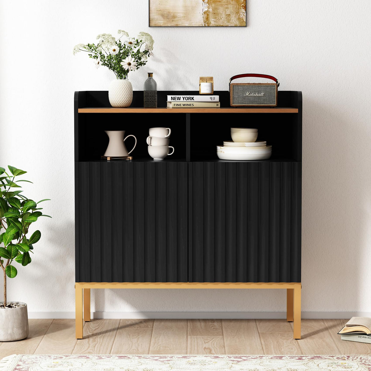 ARTPOWER Storage Cabinet with Fluted Doors and Shelves, Modern Rustic Industrial Sideboard Buffet Cabinet with Metal Legs, Accent Credenza Console for Kitchen Dining Room, Living Room, Entryway, Black ARTPOWER
