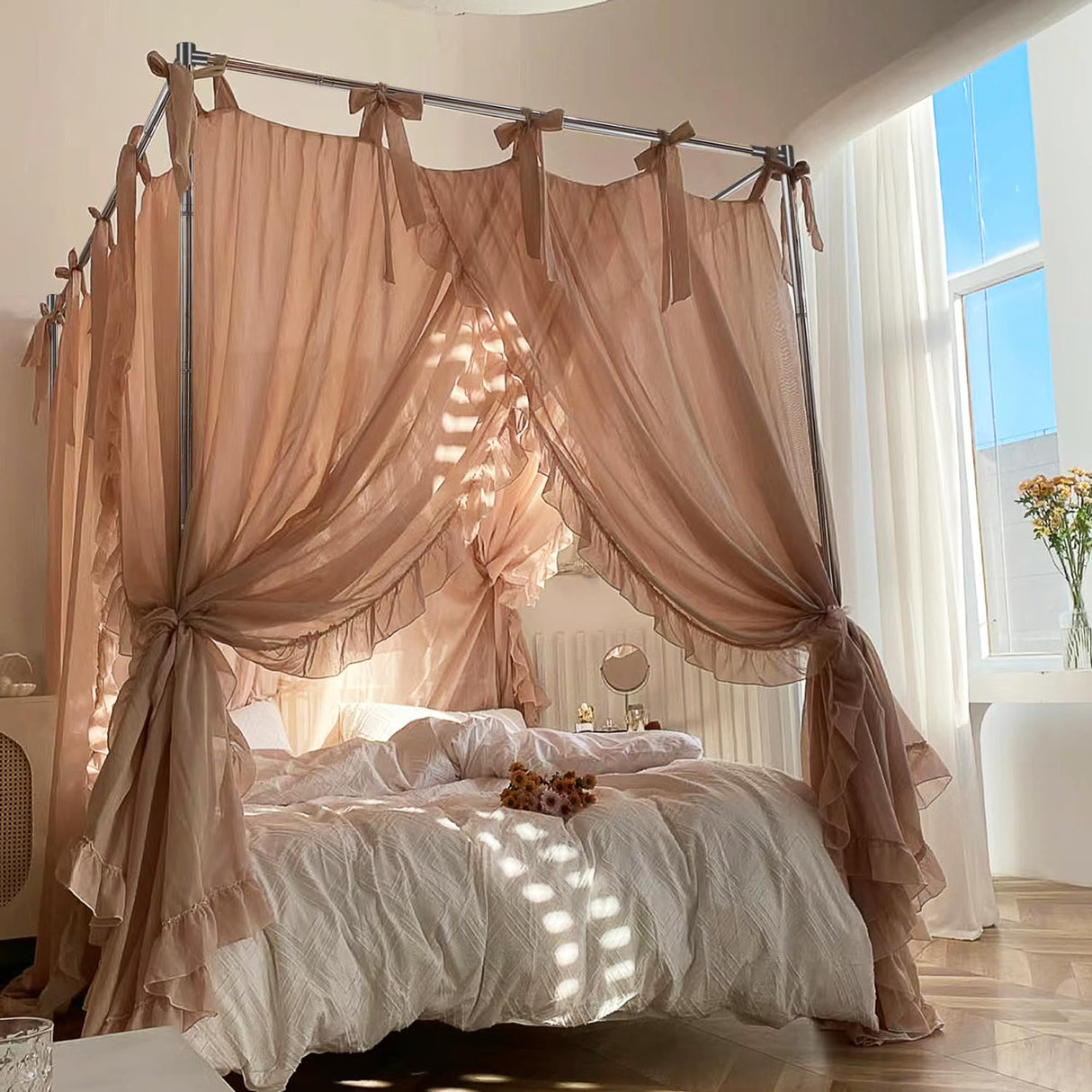 Canopy Bed Frame King Size Stainless Steel Canopy Poles for Bed, Canopy Bed Curtains King Bed Canopies & Drapes for 4 Corner Metal Bed Wood Bed Bedroom Decor ForestSource