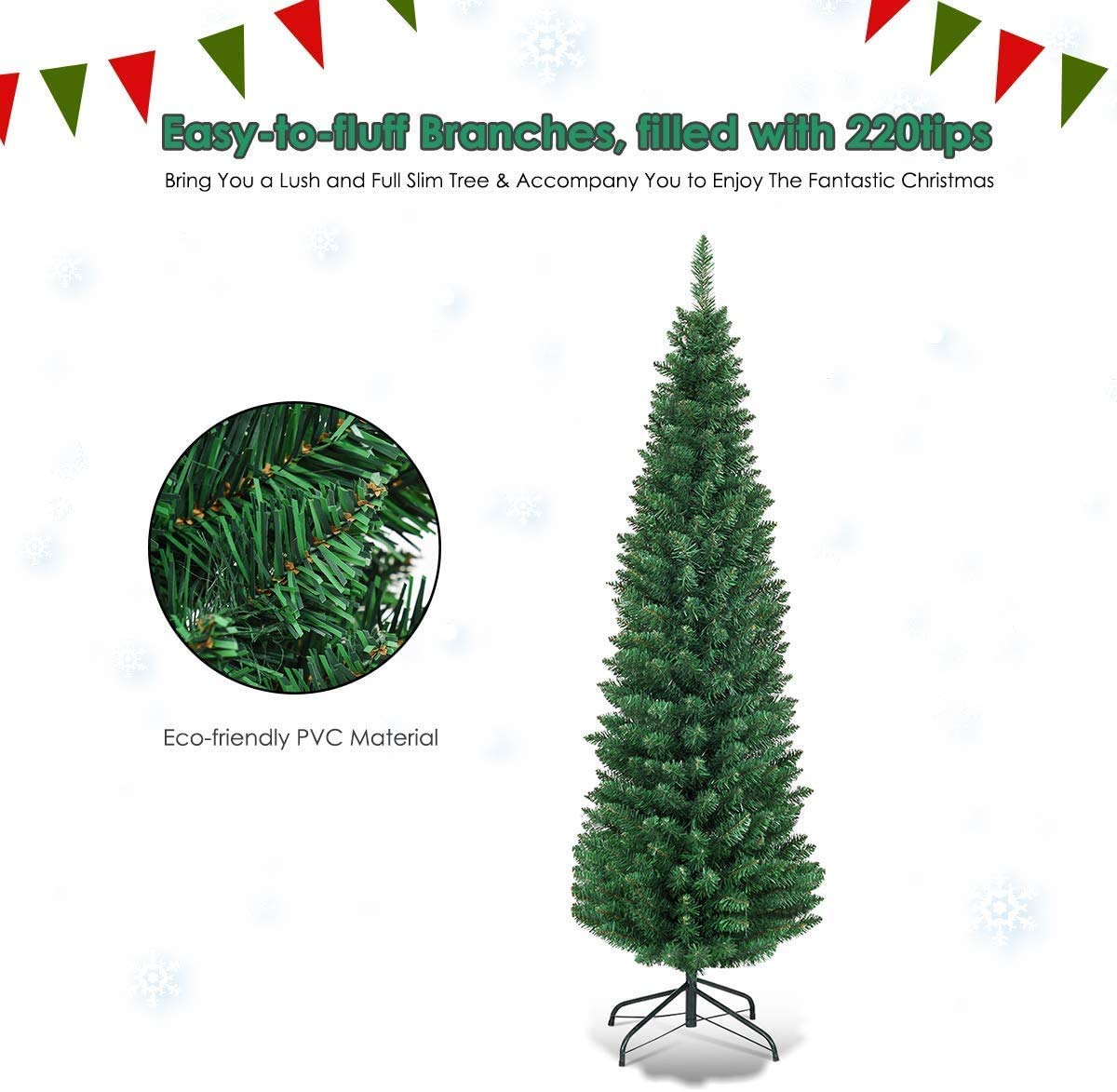Giantex, Green Artificial Pencil Christmas, Premium Hinged Pine Tree with Solid Metal Legs, Perfect for Home, Shops and Holiday Decoration, (5FT) (Artificial Pencil Christmas Tree) Giantex