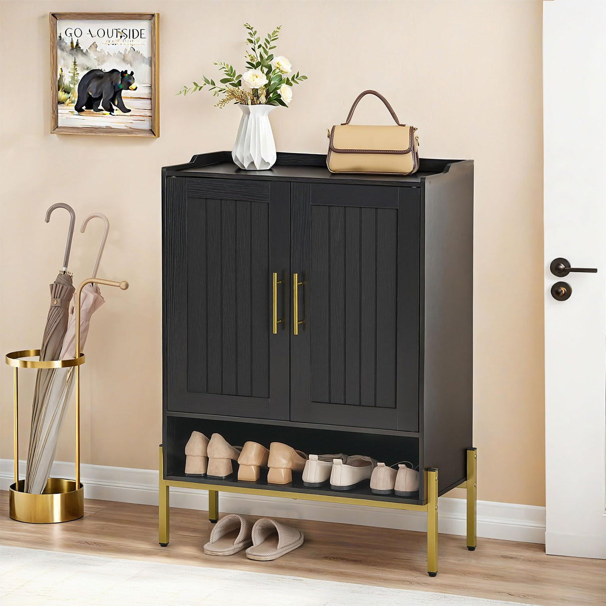 HOOBRO Shoe Cabinet, 5-Tier Shoe Storage Organizer with Doors, Wooden Shoe Cabinet Storage for Entryway, Freestanding Shoe Rack Cabinet with 3 Adjustable Shelves for Hallway, Gold and Black DB41SC01 HOOBRO