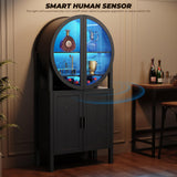 BROTTAR Rounded Kitchen Pantry, Bar Display Cabinet with LED Lights, 65" Tall Wine Storage Cabinet with Glass Doors & Shelves, Modern Liquor Cabinets for Dining Room, Kitchen, Living Room,Black BROTTAR