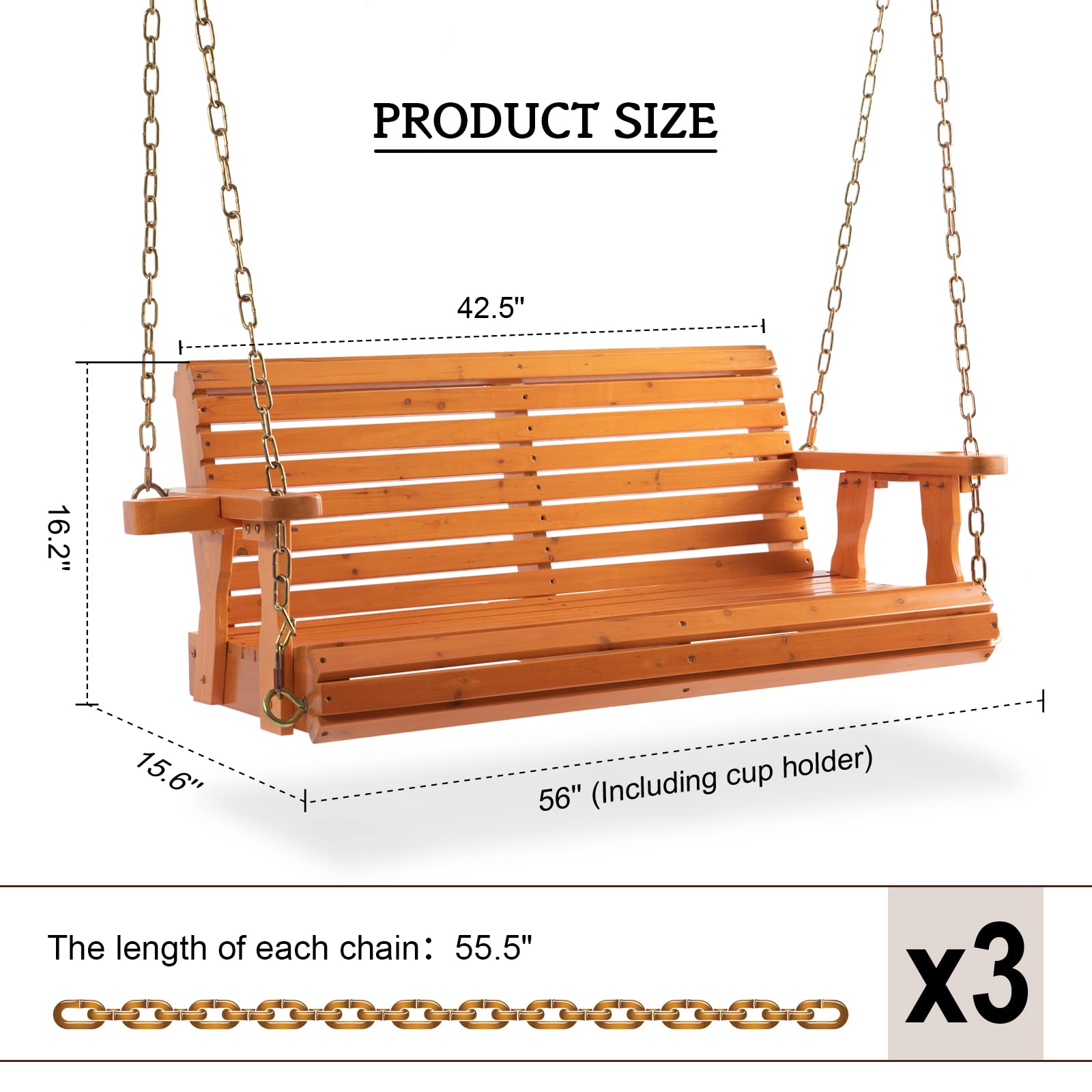 Porch Wooden Swings with Chain - Outdoor Finished Hanging Bench Swing Chair Furniture 2 Seater, Natural for Garden, Courtyard, Patio - WoodArtSupply