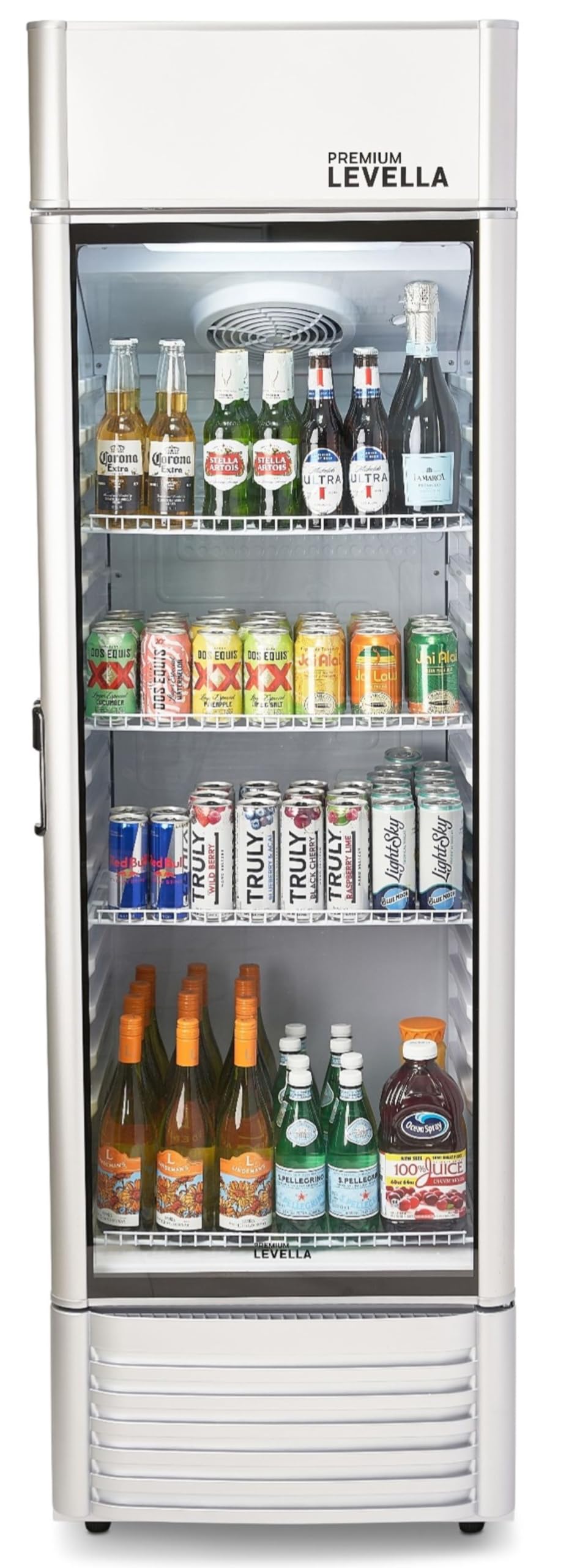 PremiumLevella PRF125DX Glass Door Display Refrigerator 12.5 cu ft Commercial Beverage Cooler Merchandiser With Customizable Lightbox - Silver PremiumLevella