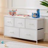DUMOS Dresser for Bedroom, 5 Storage Drawers, Wide Fabric Closet Chests Organizer Tower Furniture with Wooden Top Metal Frame for Clothes, Guest Room, Living Room, Hallway, Entryway DUMOS