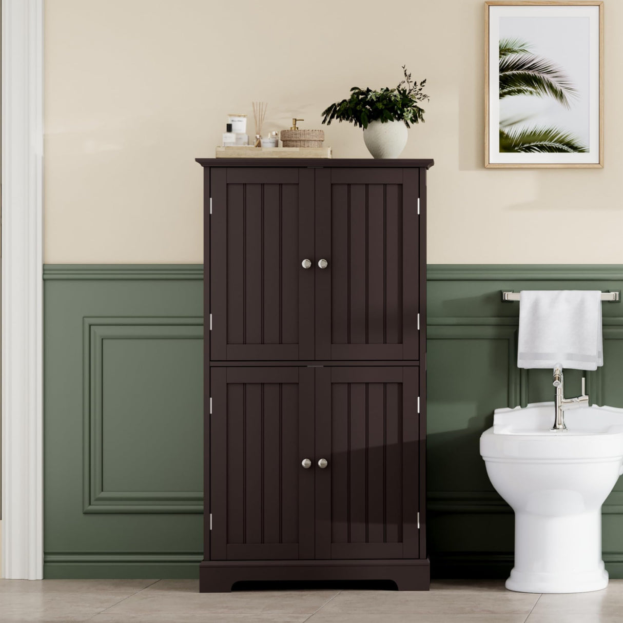 ChooChoo Bathroom Floor Cabinet, Modern Bathroom Storage Cabinet with 4 Doors and Adjustable Shelves, Freestanding Cupboard for Living Room, Espresso ChooChoo