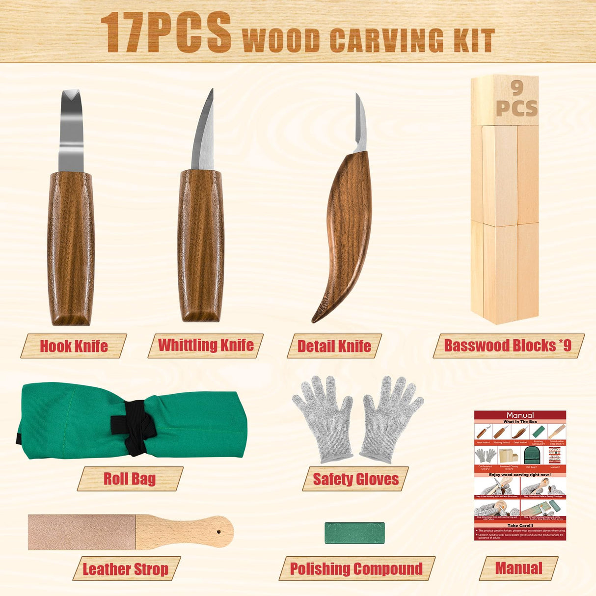 Wood Carving Kit, Whittling Kit for Beginners 17PCS Wood Carving Tools with 3PCS Whittling Knife 9PCS Basswood Blocks & Gloves & Strop Block & Polishing Compound Wood Carving Set Hobbies for Adults K KERNOWO
