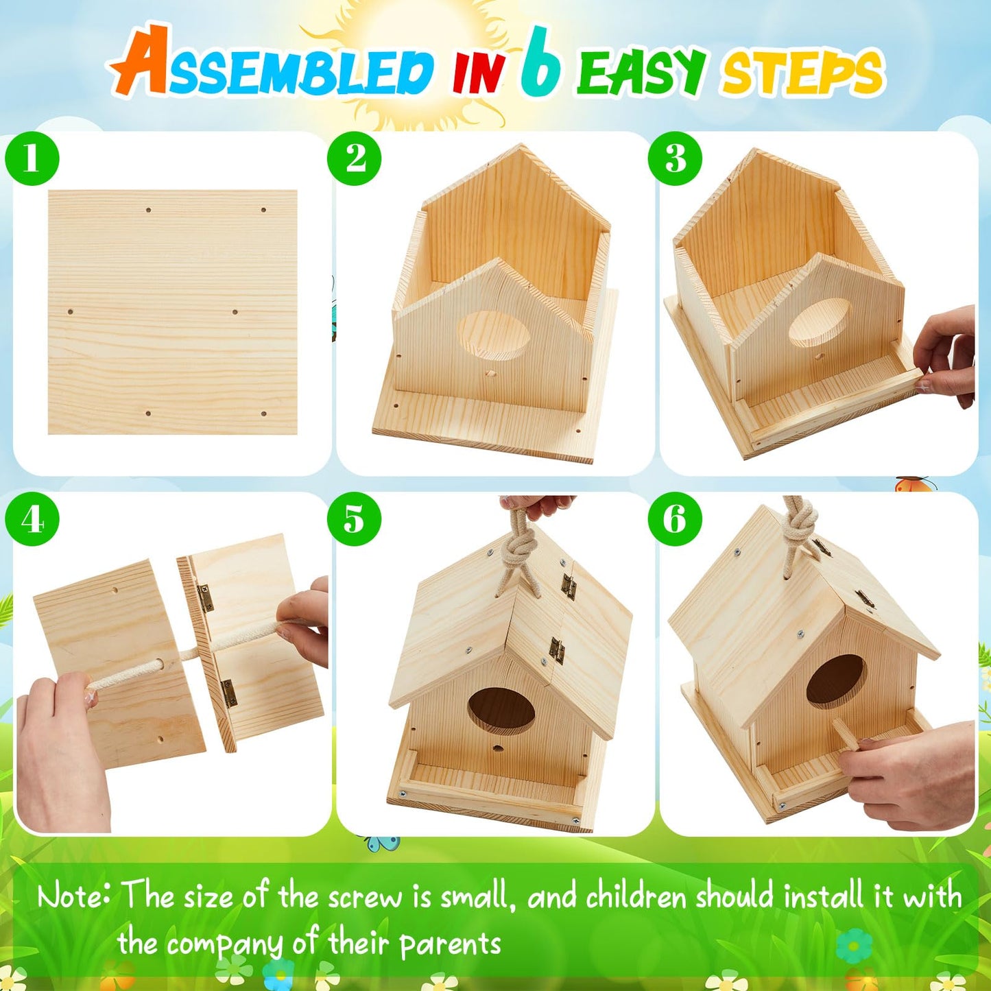 Liliful 1 Set Wooden DIY Birdhouse Kit for Adults Unfinished Wooden Bird Houses with Paints and Paintbrushes Hanging Woodworking Christmas Craft Gifts Kit for Boy or Girl Classroom Birthday Activity