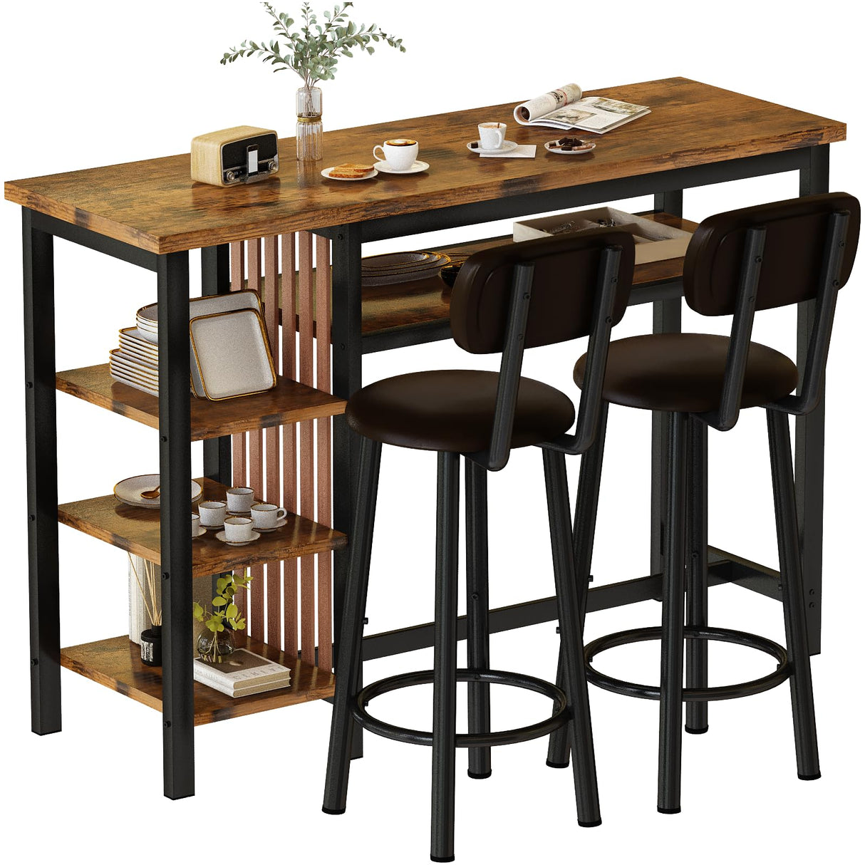 Recaceik Rustic Brown Counter Height Dining Set with Bar Table and 2 Upholstered Stools and Storage Shelves Recaceik