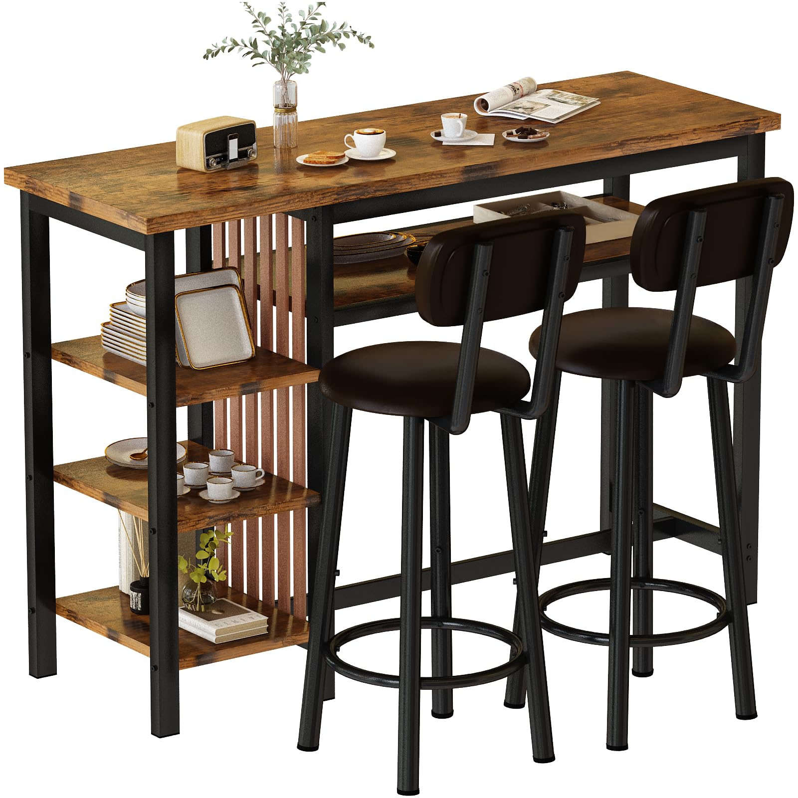 Recaceik Rustic Brown Counter Height Dining Set with Bar Table and 2 Upholstered Stools and Storage Shelves - WoodArtSupply