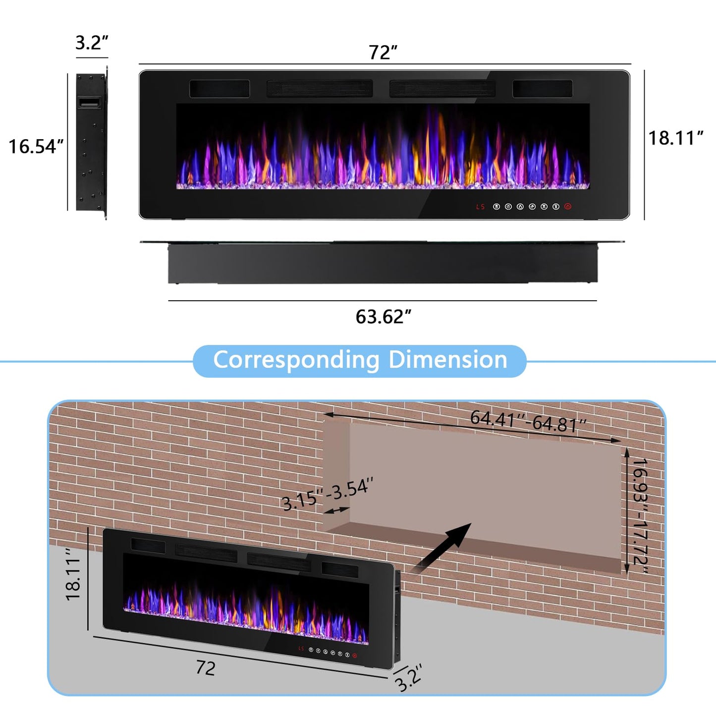 BOSSIN 72" Electric Fireplace Wall Mounted and Recessed with Remote Control, Low Noise, 750/1500W Ultra-Thin Wall Fireplace Heater and Timer Adjustable Flame Color and Brightness with Crystal