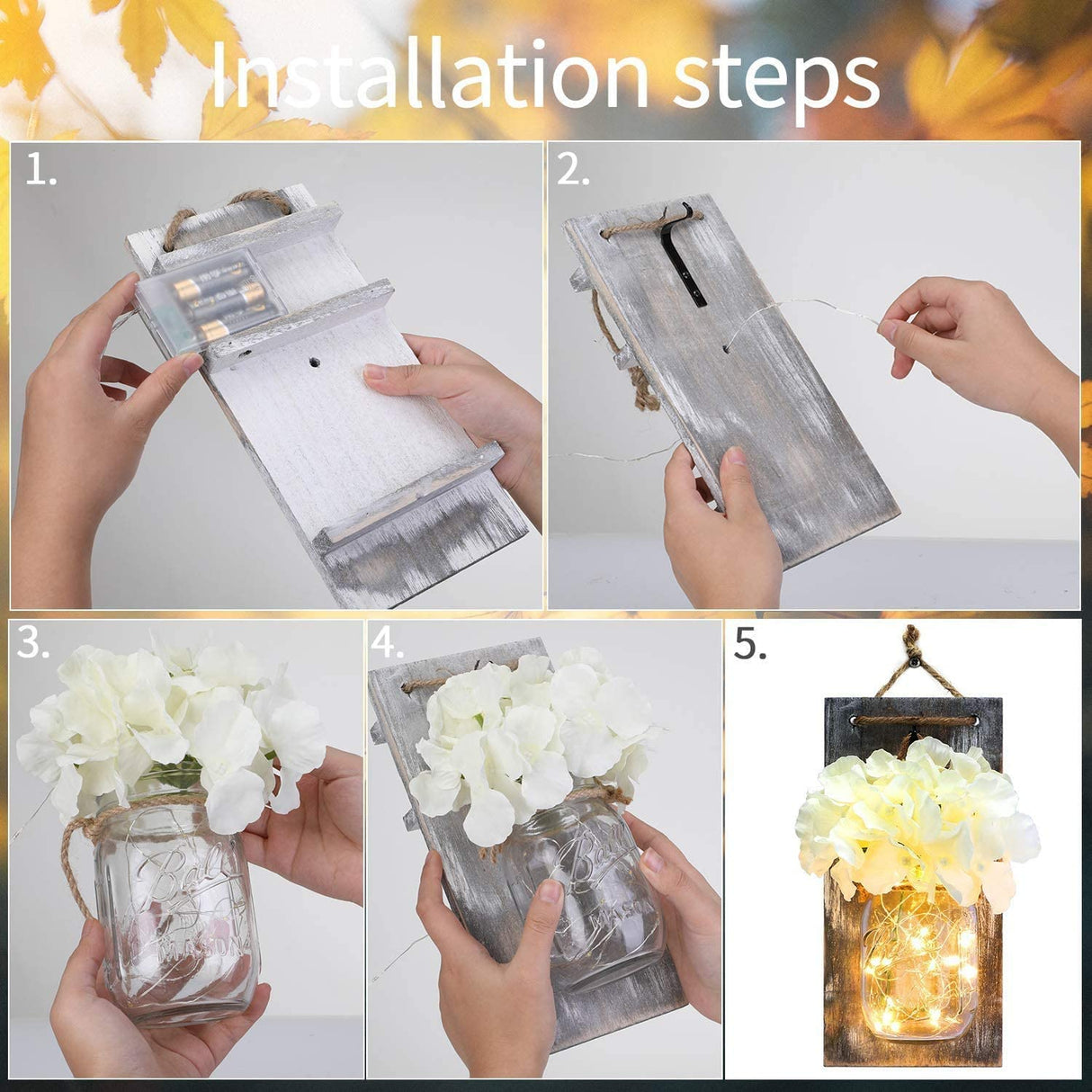 Lightess Mason Jar Wall Lights with Remote Control, Rustic Bedroom Wall Decor, Hanging Battery Powered Jar Sconce with LED Fairy Lights for Farmhouse Decor, SYA11 (Set of 2) Lightess